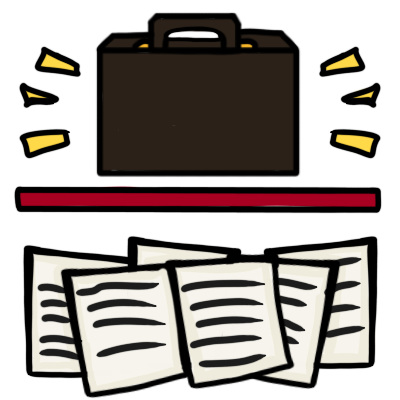 many sheets of lined paper below a red bar. above the bar is a shining briefcase.